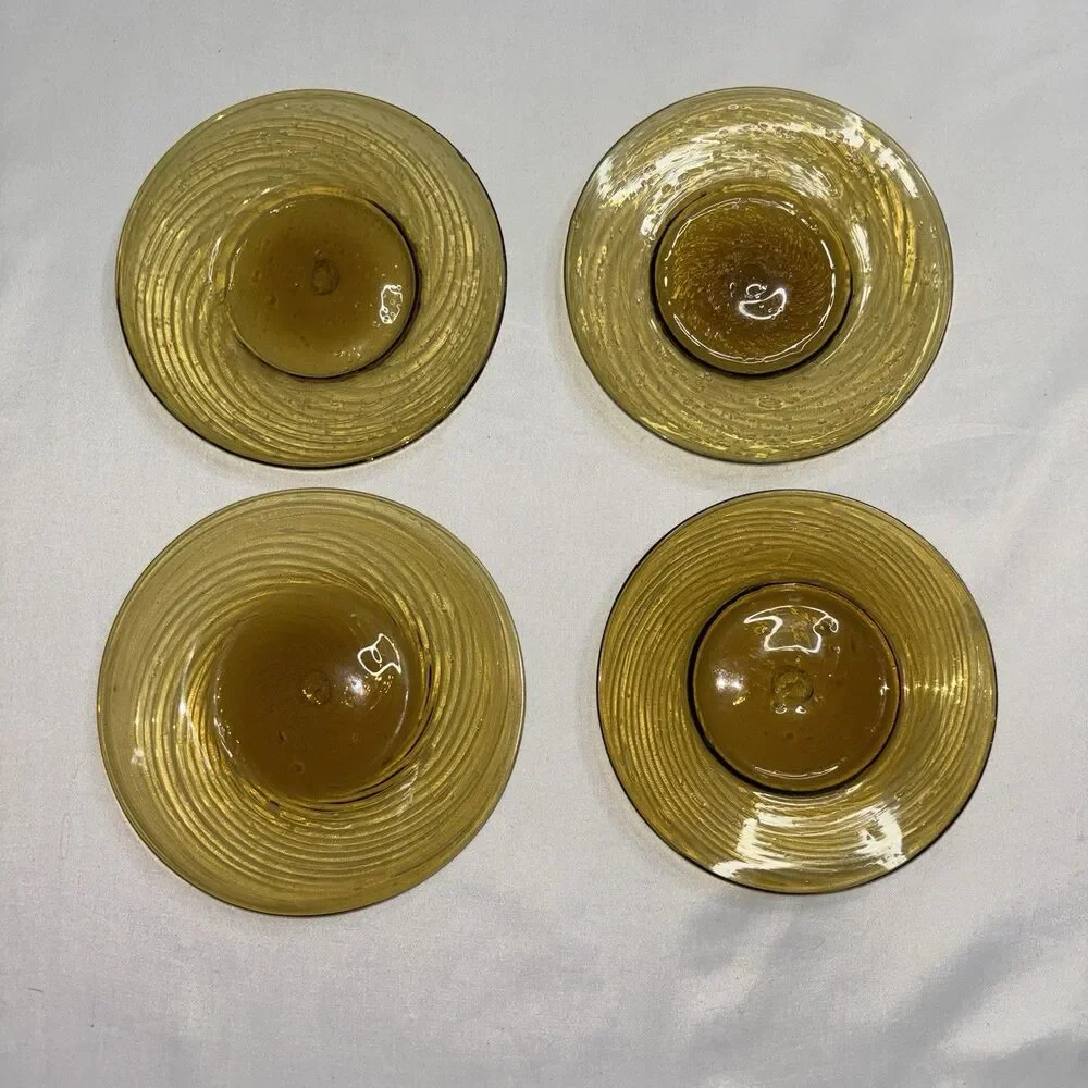 Amber Glass Salad Dessert Plates Swirled Pattern Mid Century Vintage 6” Lot Of 4
